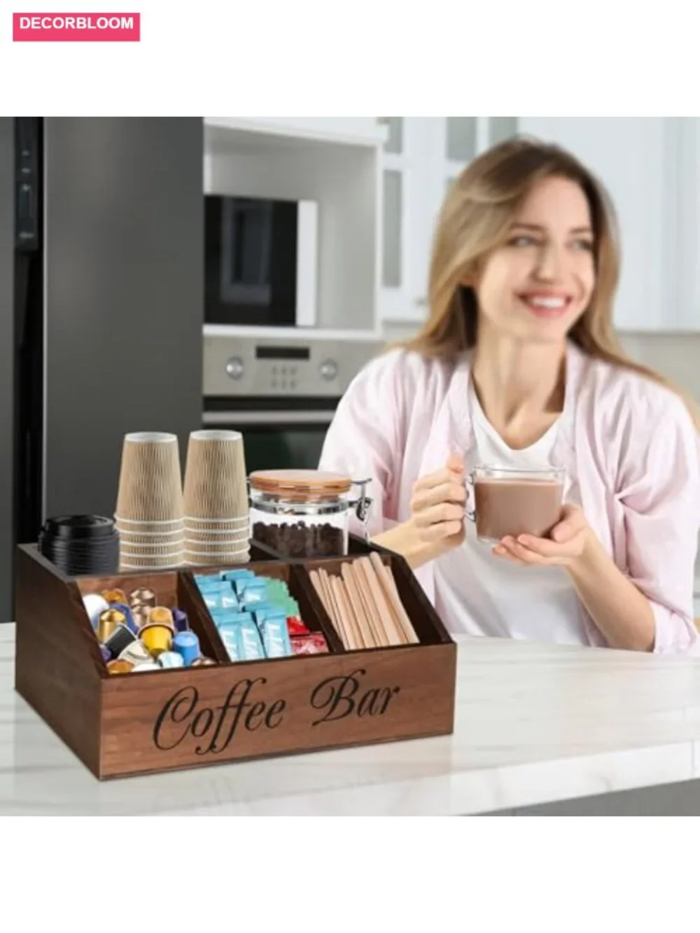 Coffee Station Organizer, Wood Countertop Storage Basket for Pods & Cups